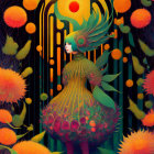 Colorful surreal illustration of person in flamboyant dress and headdress surrounded by vibrant floral fantasy setting