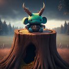 Whimsical illustration of animated character with oversized ram horns in mystic forest