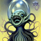 Fantastical creature with transparent head, multiple eyes, open mouth, and tentacles