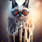 Grumpy cat digital art: fluffy feline melts into golden goo