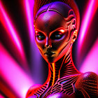 Female Android 3D Illustration with Intricate Skin Patterns on Neon Background