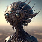 Detailed humanoid robotic creature with large eyes and horn-like protrusions