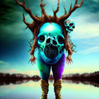 Surreal figure with blue skull face and tree-like antlers by reflective water.