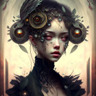 Steampunk-style digital artwork of woman with mechanical headgear and vibrant amber eyes