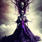 Dark ruffled gown woman under skull with purple mist and birds in cloudy sky