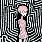 Illustrated girl with pink hair and glasses in red polka-dotted dress on maze-like background