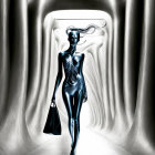 Silver humanoid figure in futuristic tunnel corridor with glossy walls