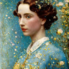 Woman Portrait with Floral Hair on Blue Background