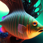 Colorful digital fish art with intricate patterns on vibrant backdrop