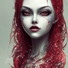 Stylized digital art: Female figure with pink hair and red eyes on grey background