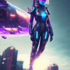 Futuristic female robot with purple and black design and biomechanical wing