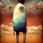 Surreal figure with eye-shaped head, birds, cloudy sky texture, and human-like legs.