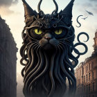 Fantastical black cat with green eyes and ornate headgear in gothic setting