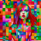 Colorful digital artwork: Woman with red hair and green face paint in abstract geometric design