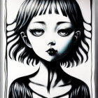 Monochrome stylized girl with large eyes and bob haircut on canvas with creases