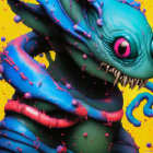 Colorful Blue Tentacled Creature on Yellow Background