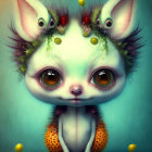 Surreal creature with large eyes and leaf crown on teal background