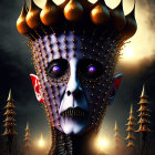 Menacing figure with spiky crown and blue eyes in detailed digital artwork