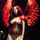 Person in Red Hooded Cape and Corset with Large Red Wings in Eerie Setting with Skeletal