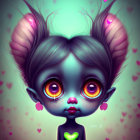 Character illustration with large orange eyes and heart-shaped pupils amidst pink hearts.