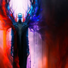 Pale-faced mystical figure with fiery wings in a dark, ominous setting