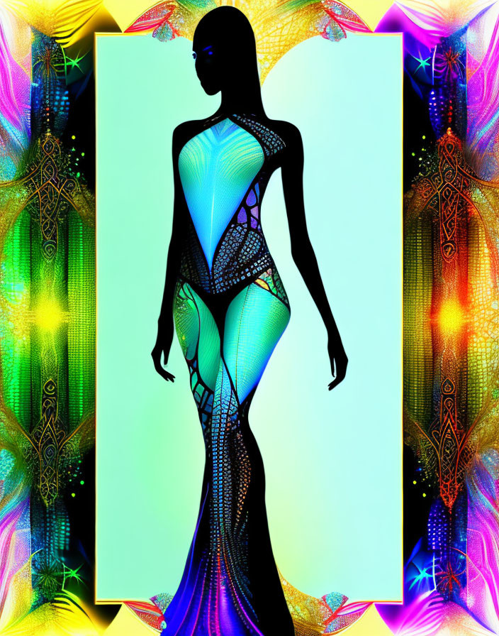 Vibrant Psychedelic Background with Silhouetted Figure