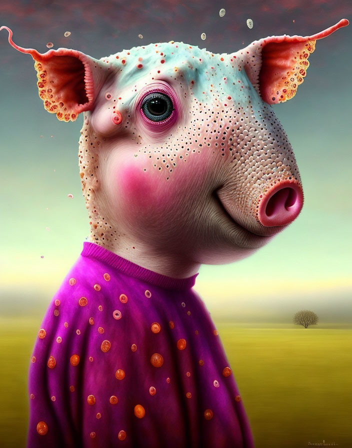 Colorful creature with pig-like head and one eye in purple shirt against serene landscape.