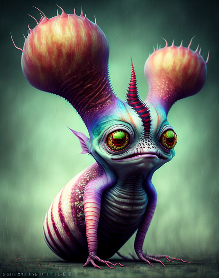 Colorful whimsical creature with glowing eyes and horn-like appendages on muted background