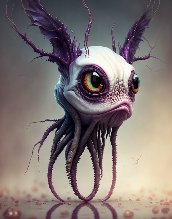 Fantastical creature with orange eyes, purple antlers, and tentacles on muted background.