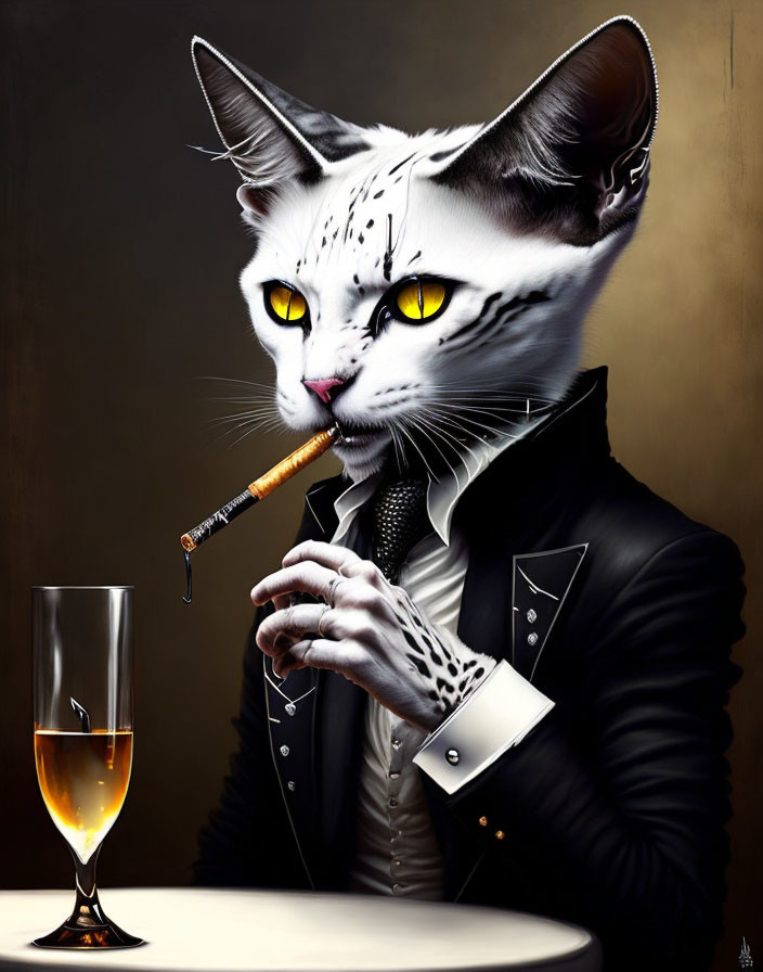 White Cat in Black Suit with Cigar and Drink