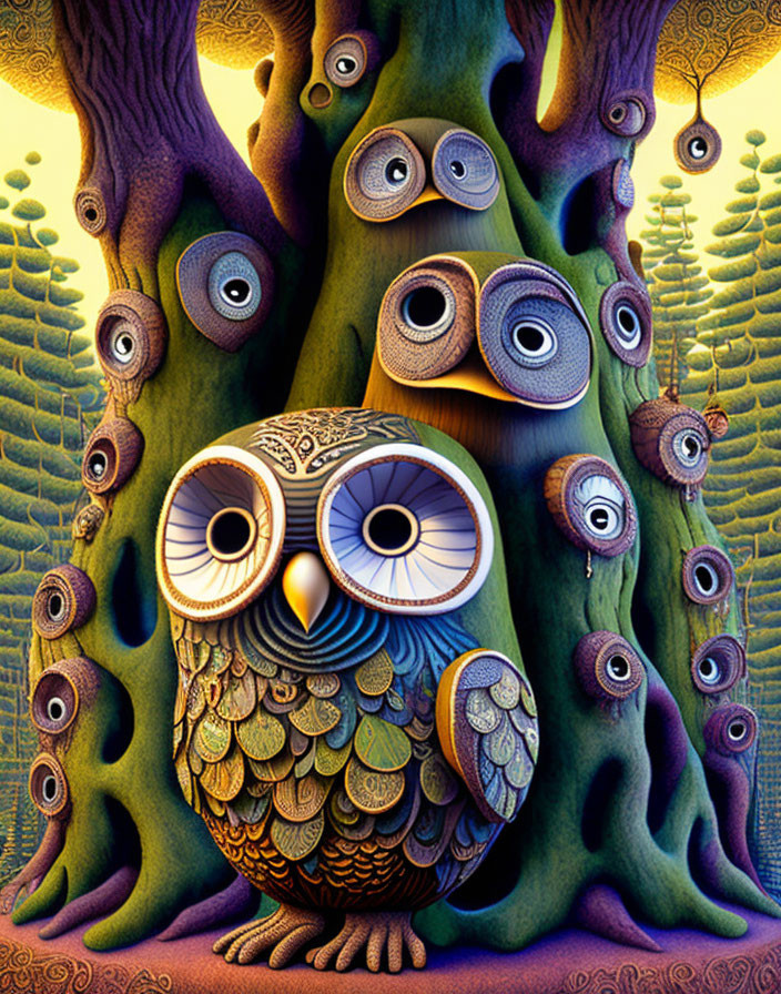 Vibrant Owl Illustration with Whimsical Tree and Surreal Forest