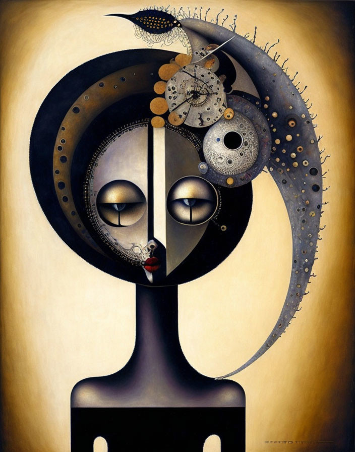 Abstract humanoid figure with symmetrical face and mechanical elements on warm beige background