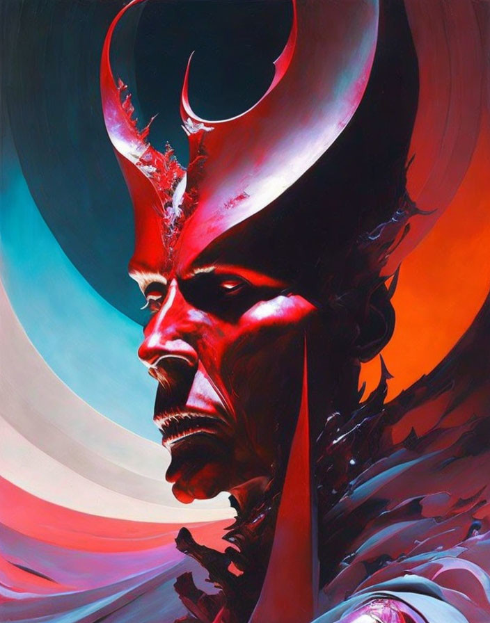 Red-hued male figure with horns and crescent moon in fantasy portrait