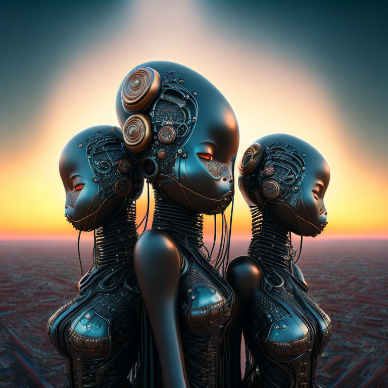 Three humanoid robots with exposed gears and wiring against a vibrant sunset sky