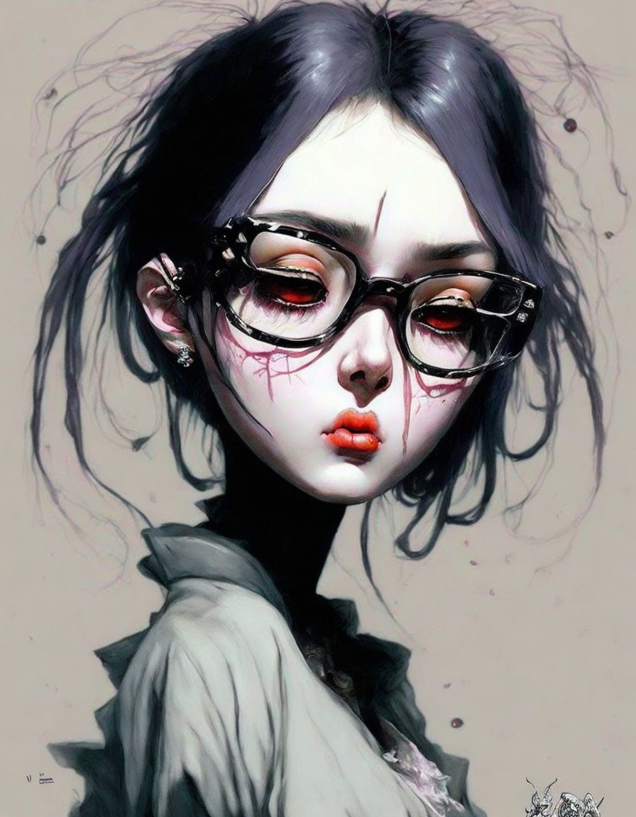 Pale girl with purple hair and black glasses in artistic illustration