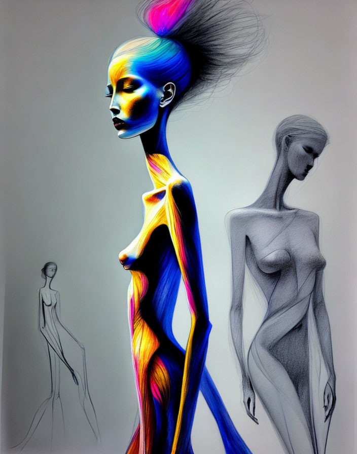 Stylized Figures with Vibrant Colors and Linework