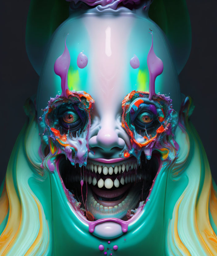 Surreal portrait of a melting clown with vibrant colors