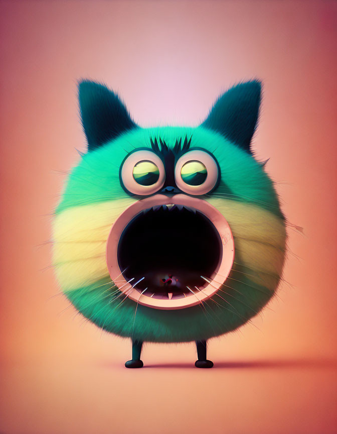 Colorful Fluffy Cartoon Cat with Surprised Expression