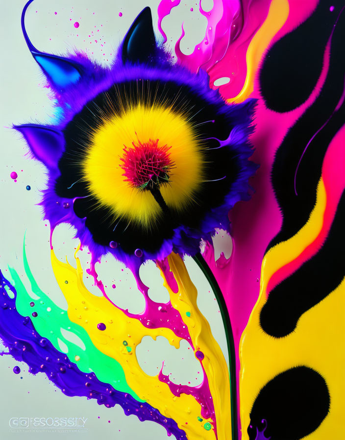 Colorful digital artwork: stylized flower with yellow center and purple petals on white background