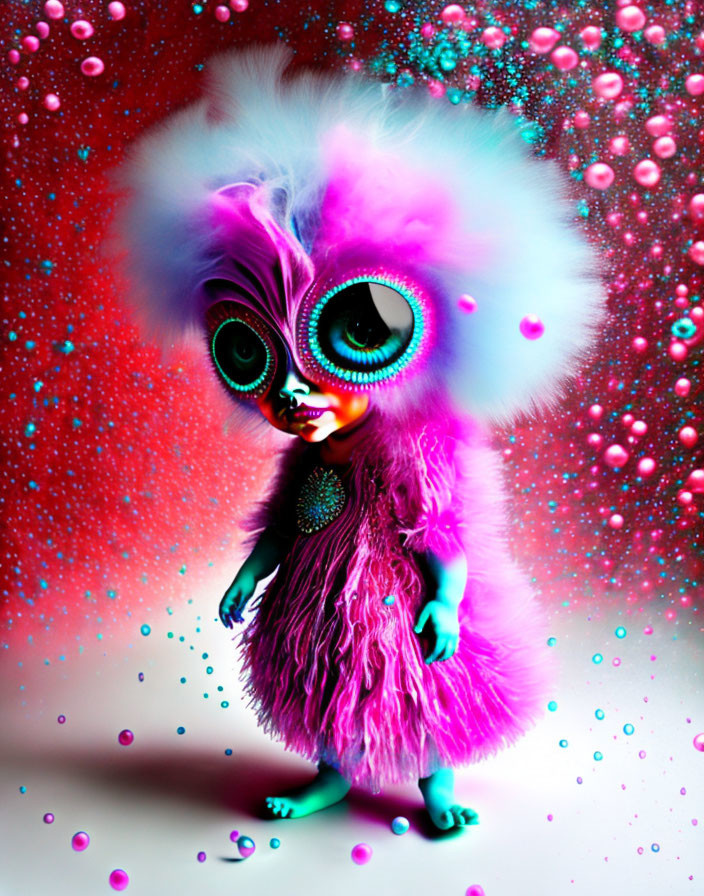 Colorful Whimsical Creature with Pink Headpiece and Blue Eyes surrounded by Pink Bubbles