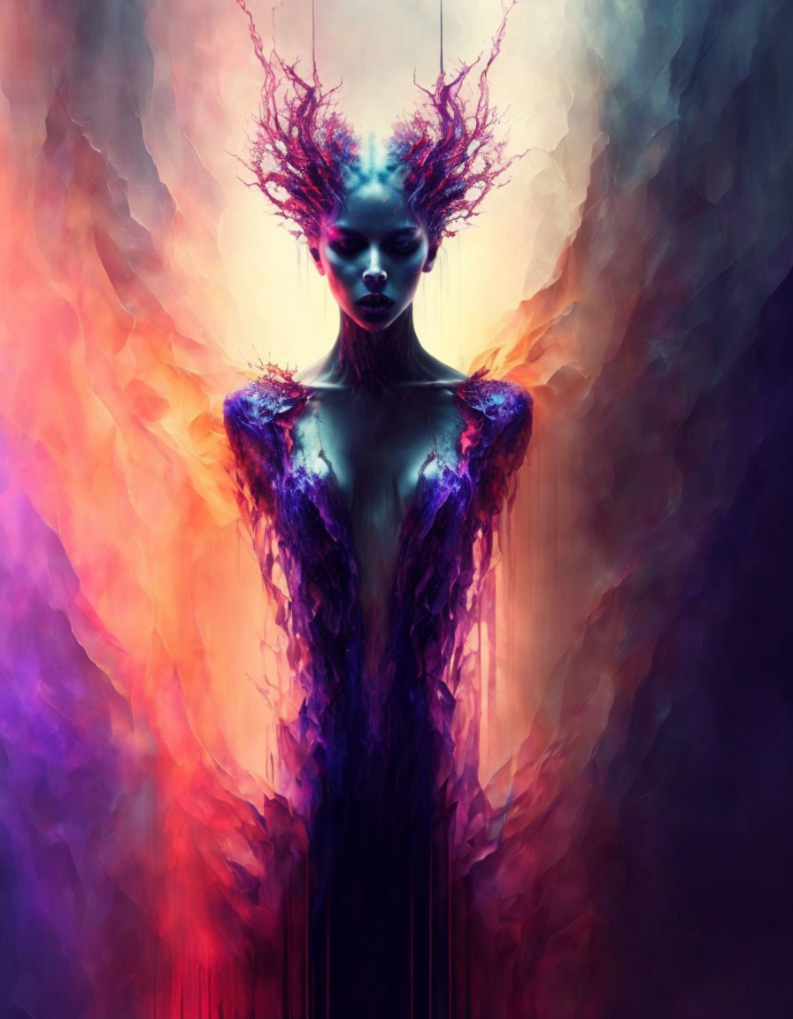 Vibrant digital artwork: Woman with abstract crown and dress in purple, blue, and crimson.