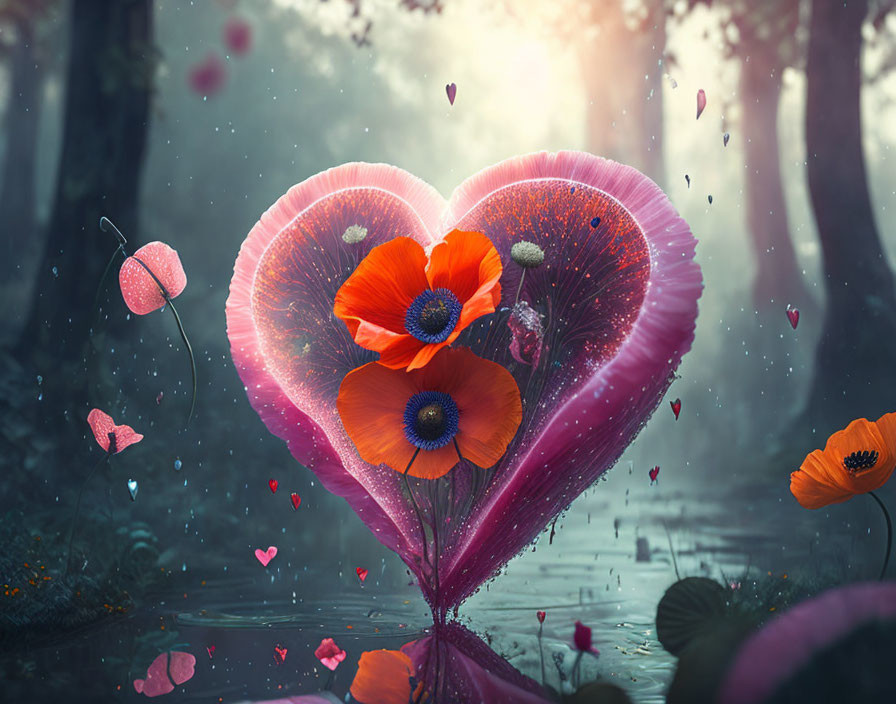 Heart-shaped red poppy arrangement in mystical forest with floating hearts and butterflies