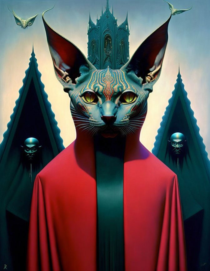 Surreal humanoid cat portrait with red cloak and intricate facial markings.