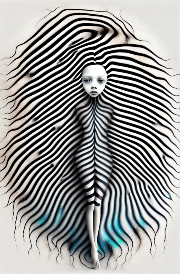 Exaggerated eyes and wavelike stripes in surreal figure art