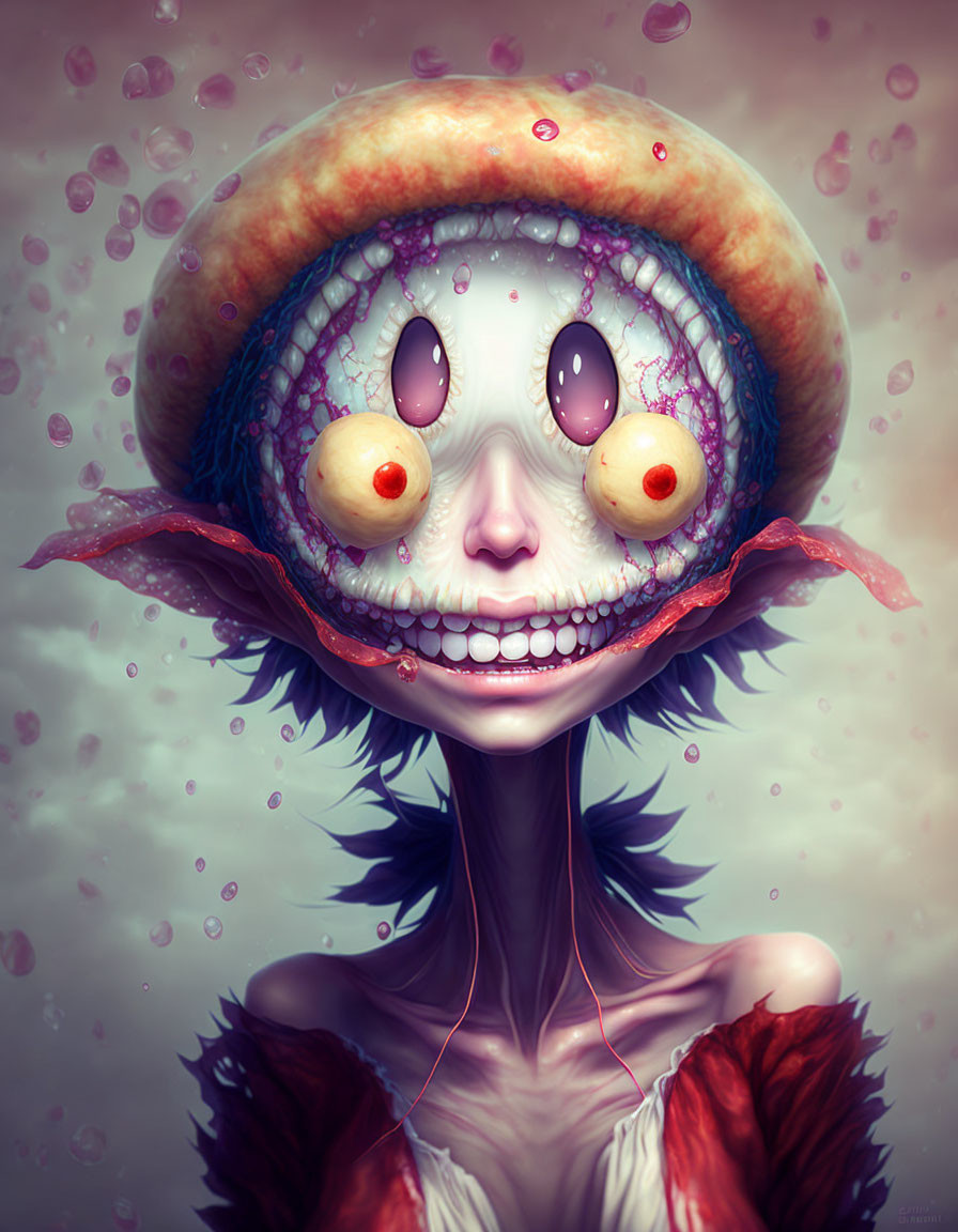 Surreal character with wide grin and big eyes in moody setting