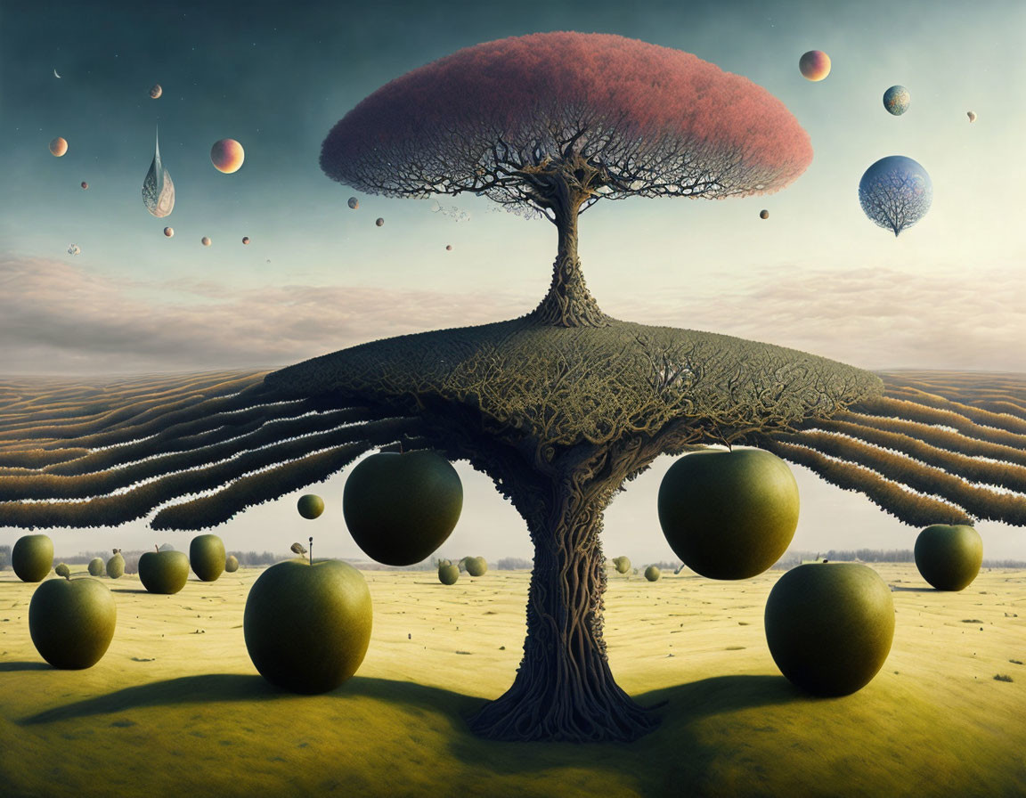 Surreal landscape with central tree, oversized apples, floating orbs, dreamy sky