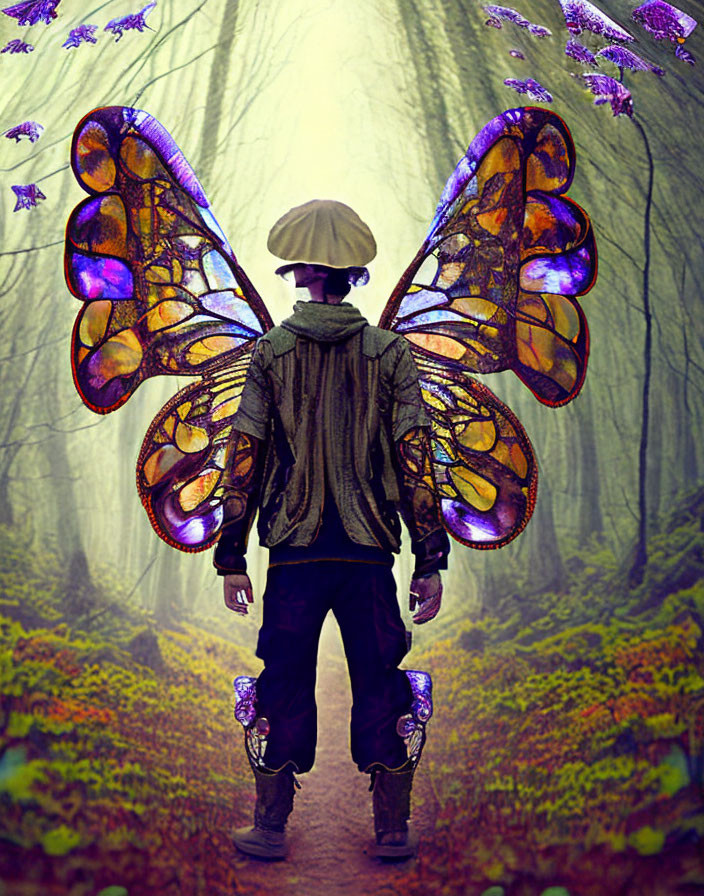 Person with luminous butterfly wings in mystical forest path with fluttering purple butterflies