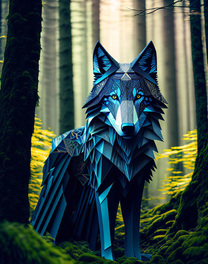 Geometric blue and black wolf in moss-covered forest