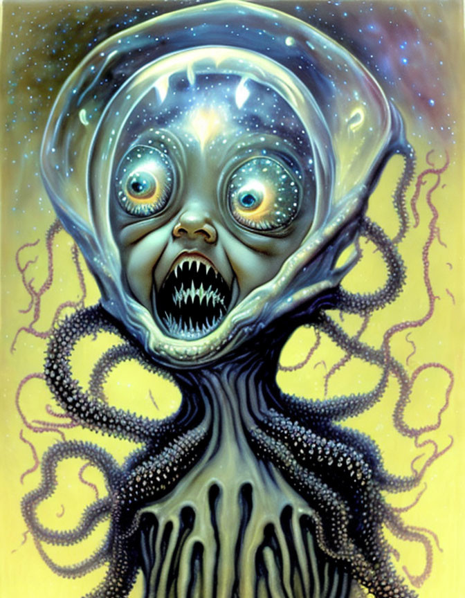 Fantastical creature with transparent head, multiple eyes, open mouth, and tentacles