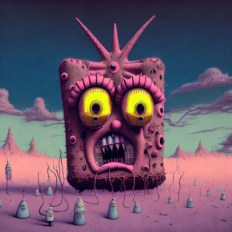 Pink Square Creature with Yellow Eyes in Purple Landscape